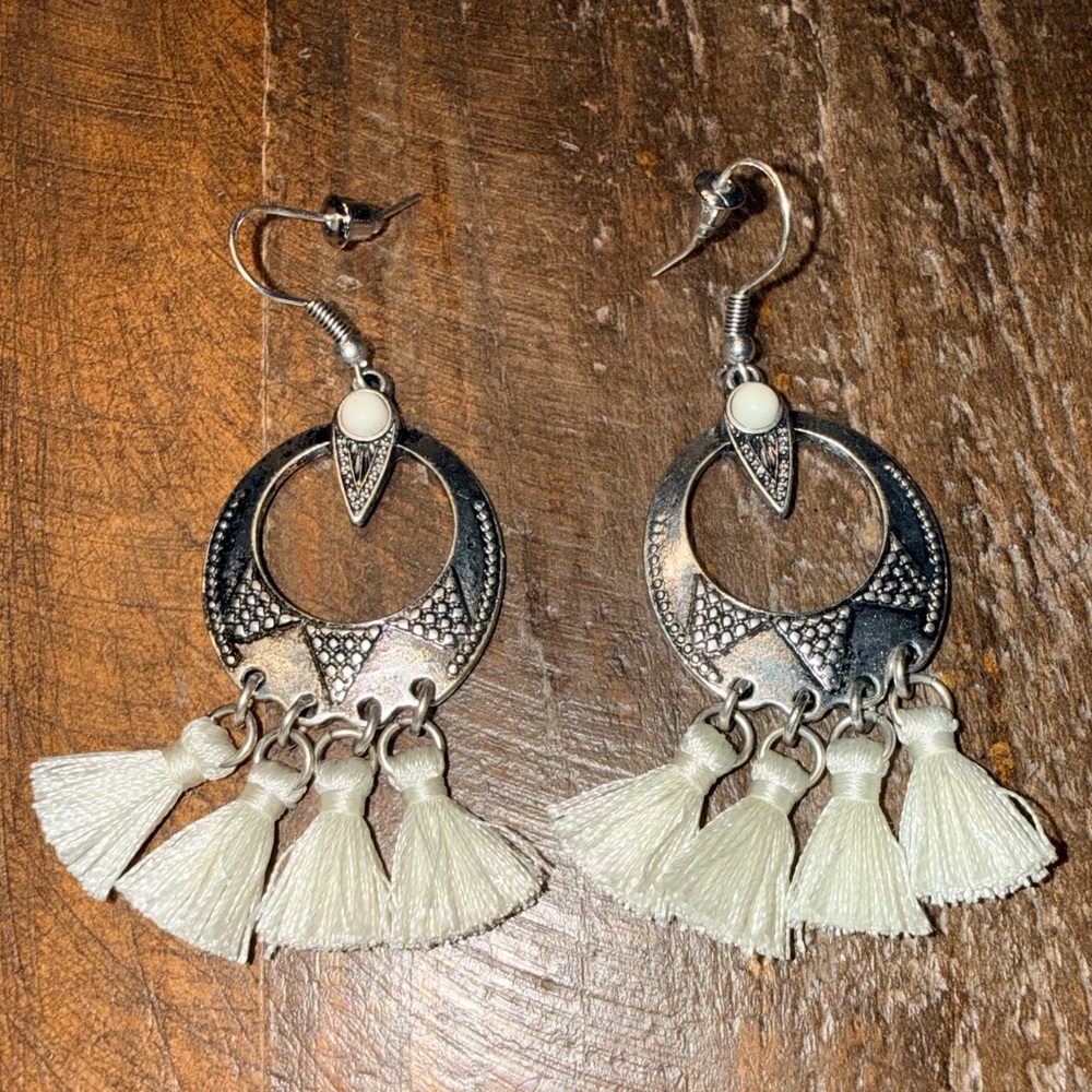 Silver and Cream Tassel Earrings